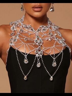 Free People Showgirl Body Piece Silver Clear Crystal Draped Body Chain Necklace